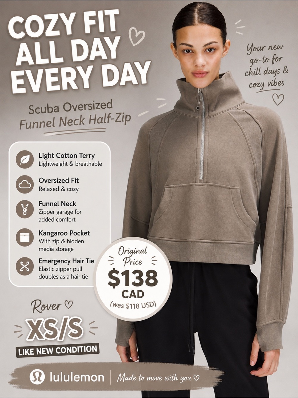 lululemon athletica Scuba Oversized Funnel Neck Half Zip Sweater - River